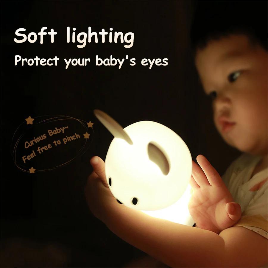 LED veilleuse mignon lapin Animal dessin animé Silicone lampe réglable USB Rechargeable pour enfants