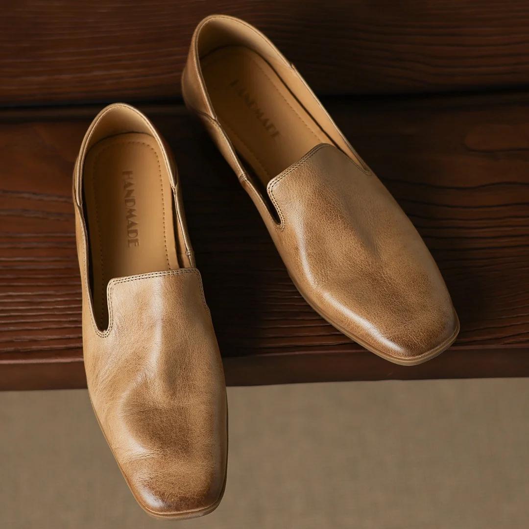 Mocassins plats à enfiler en cuir de vache pour femmes, bout carré, de haute qualité, doux, conforta