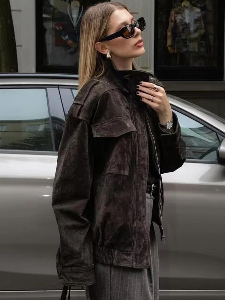 Veste en daim pour femme SLTNX, nouvelle collection printemps 2026, manteau décontracté chic à manch