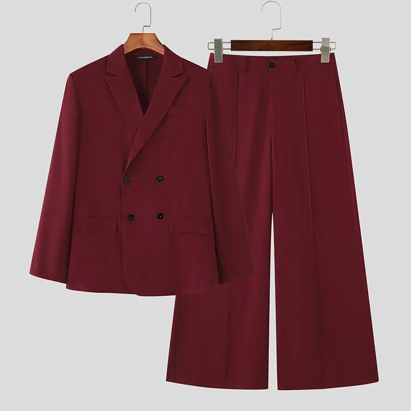 INCERUN hommes ensembles couleur unie Double boutonnage à manches longues Blazer et pantalon deux pi