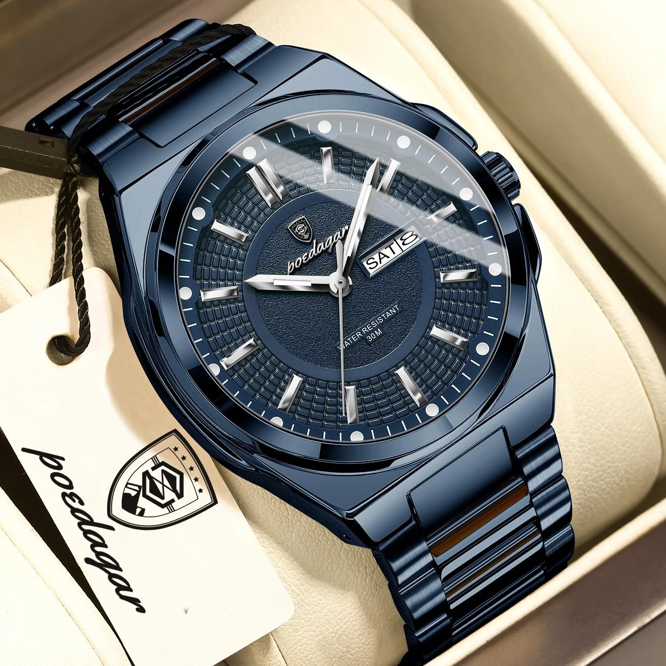 POEDAGAR Top Business hommes montre-bracelet en acier inoxydable étanche lumineux décontracté homme