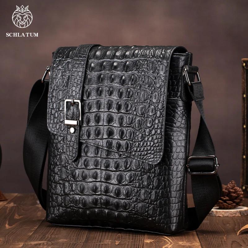 SCHLATUM-Sac à bandoulière en cuir véritable pour homme, motif crocodile, sac de poitrine Messenger,