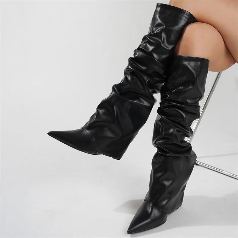 Bottes hautes plissées en cuir noir pour femmes, chaussures à semelles compensées, Sexy, à bout poin