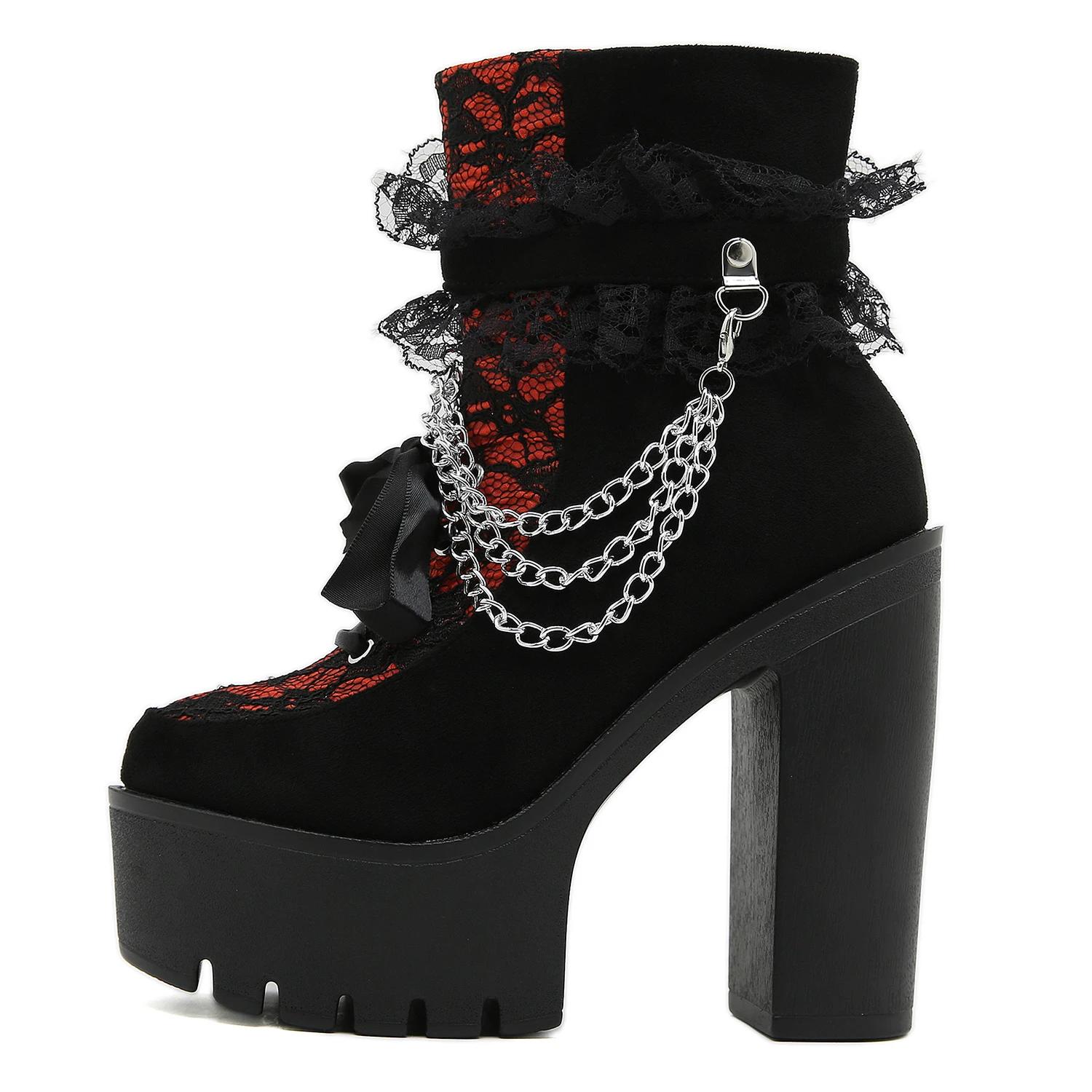 Gdgydh-Bottes gothiques vintage pour femmes, bottes de rinçage en dentelle, talon épais, fermeture à