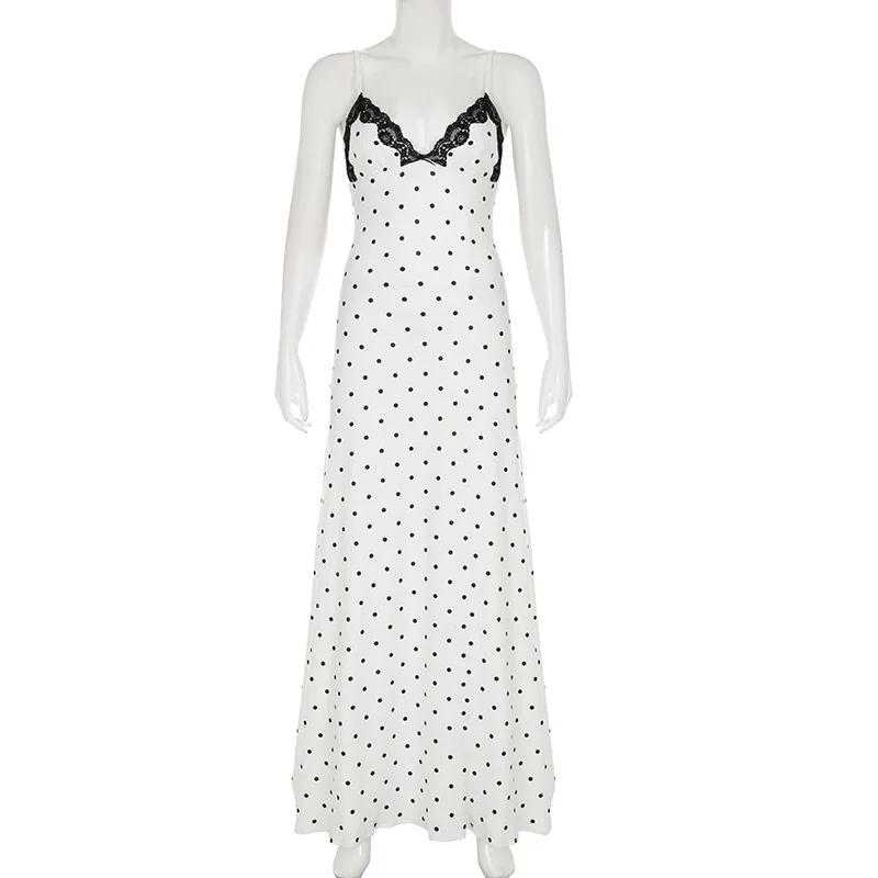 Tornova Sexy col en v à pois robe à bretelles pour les femmes mince français rétro dentelle épissure