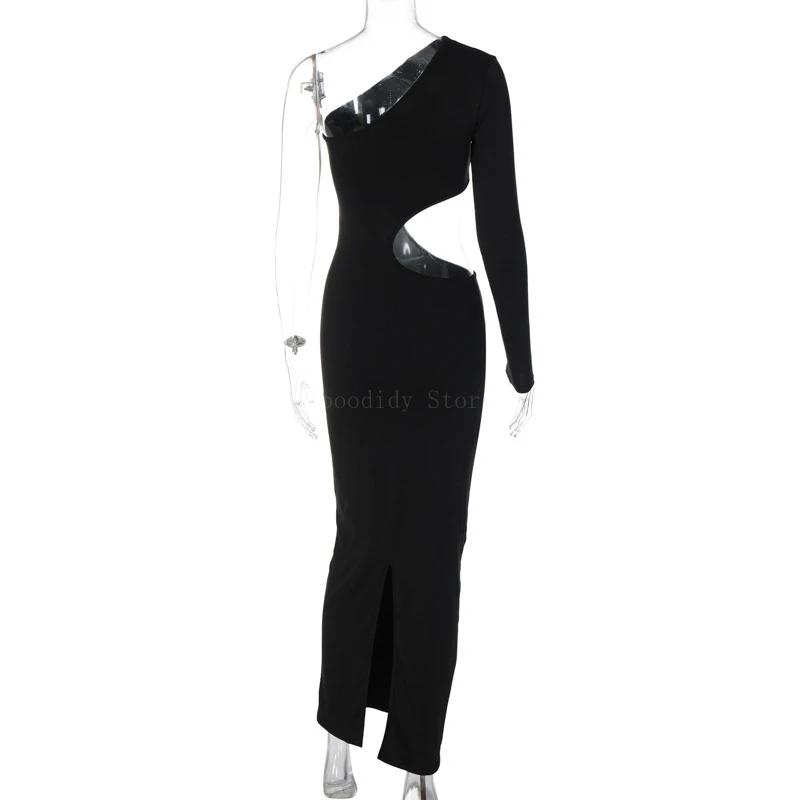 Robe longue sexy à épaules dénudées avec ourlet irrégulier, design évidé, devant rond, document soli