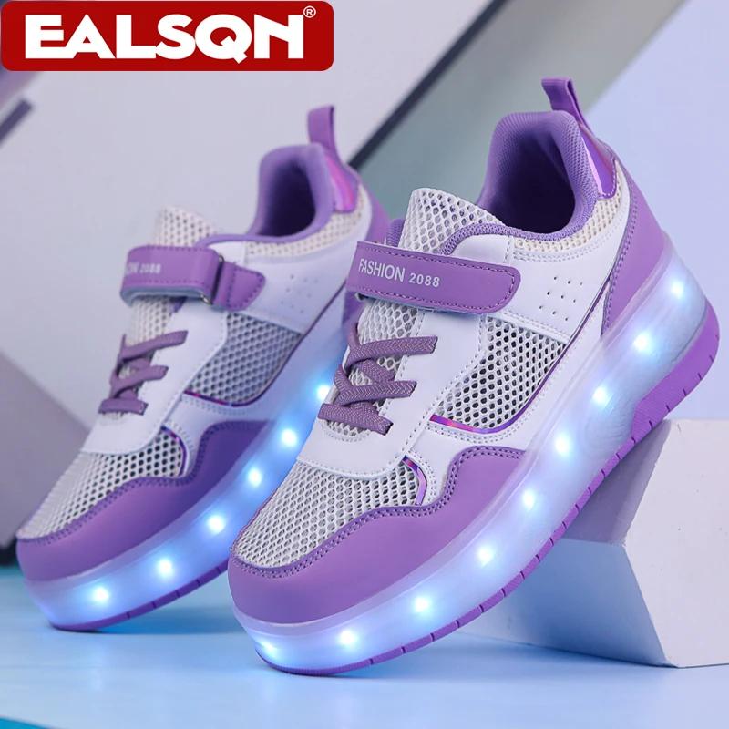 Baskets lumineuses d'été respirantes pour enfants, chaussures à roulettes à deux roues pour filles,