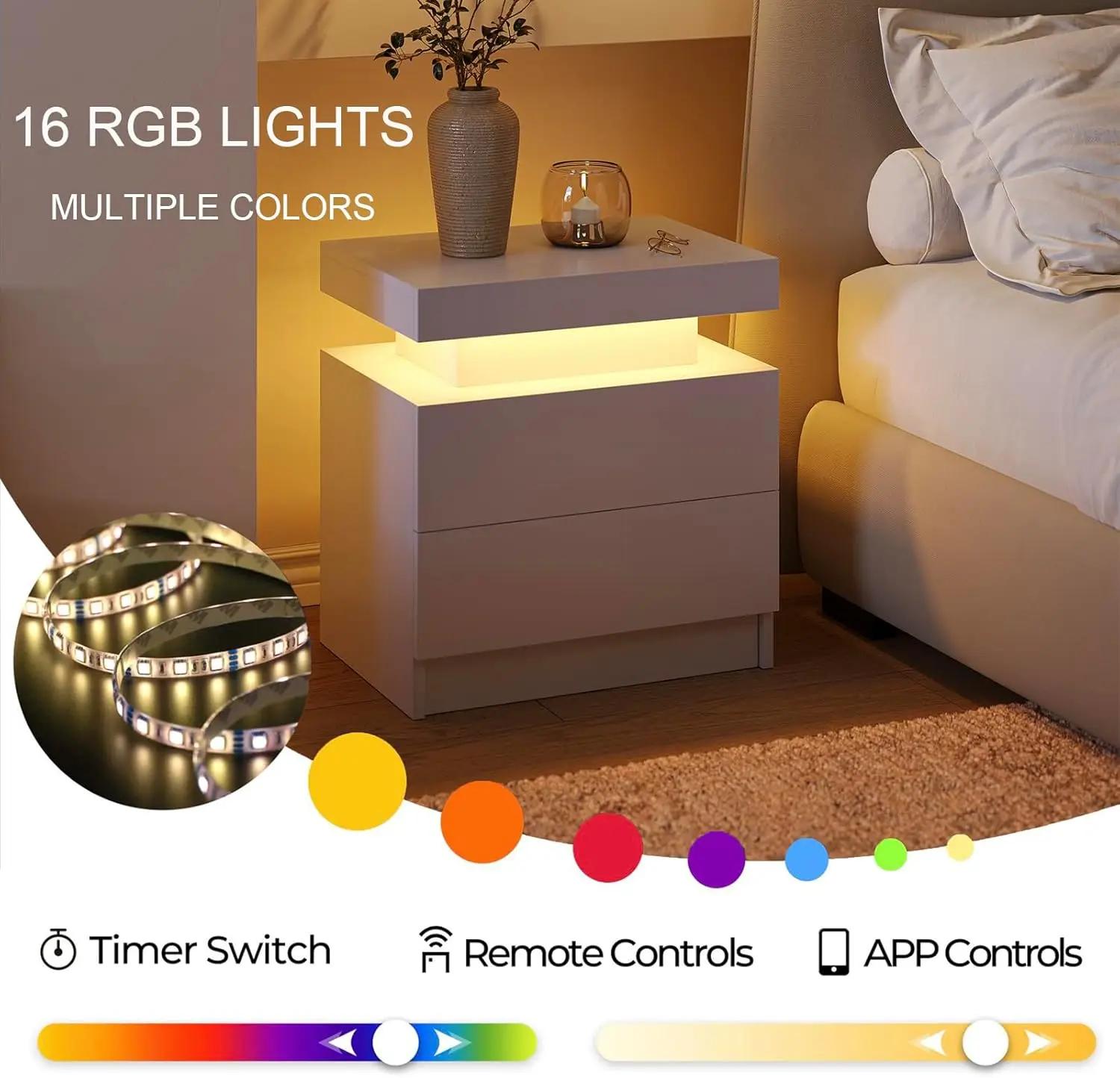 Table de chevet LED blanche, table de chevet moderne pour chambre à coucher avec 2 tiroirs en bois,
