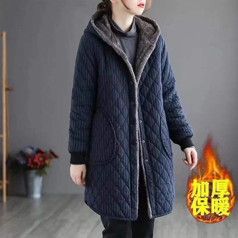 2025 automne hiver nouvelle veste en coton rayé femmes chaud en peluche épaissir manteau à capuche m