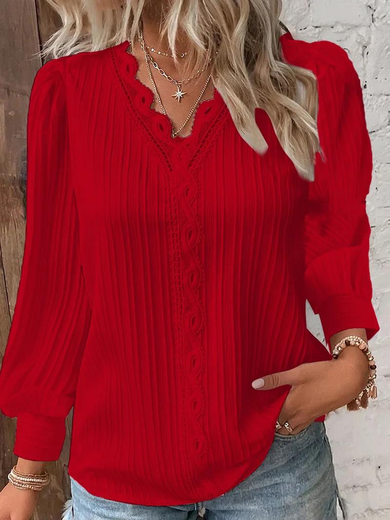 Élégant été dentelle creuse Patchwork femmes chemise Chic Blouse col en V à manches longues chemise