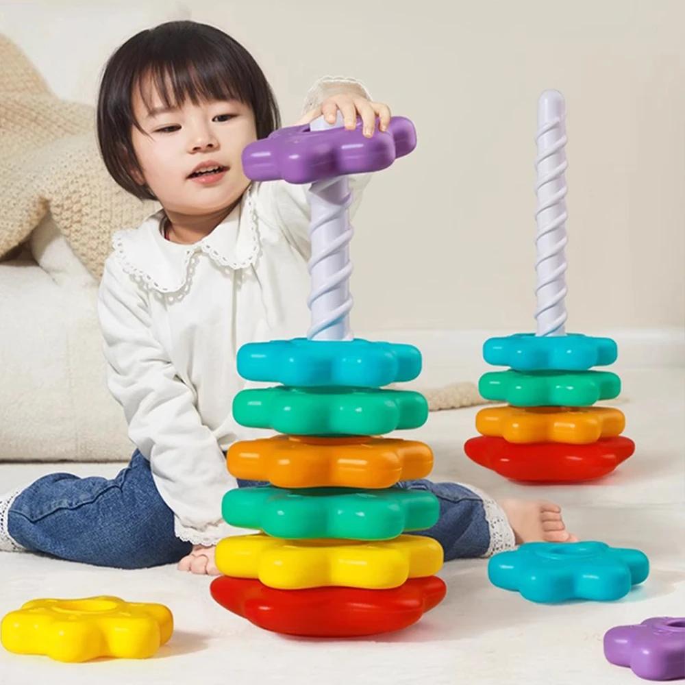 Tour arc-en-ciel rotative pour bébé, Puzzle à empiler Montessori, jouets éducatifs de sécurité pour