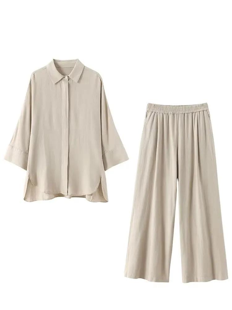 HH femmes décontracté solide Blouse pantalon ensembles ample à manches longues revers chemises taill