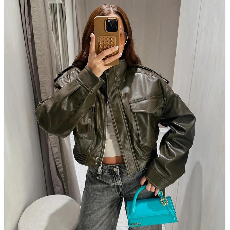 MUJER Faux cuir recadrée veste femmes Bomber Demi-saison vestes pour femmes à manches longues femmes