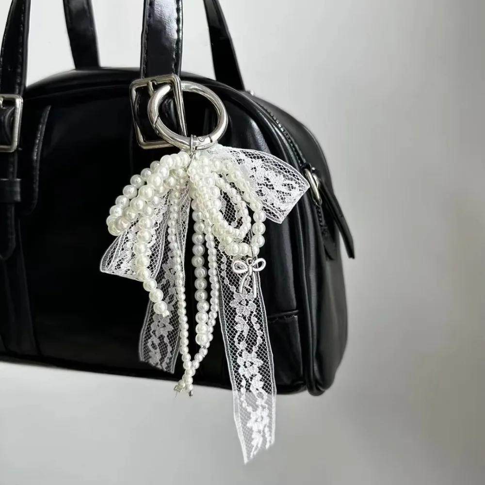 Porte-clés en dentelle mignon, nœud blanc/noir, pendentif de sac, chaîne de téléphone, accessoire d'