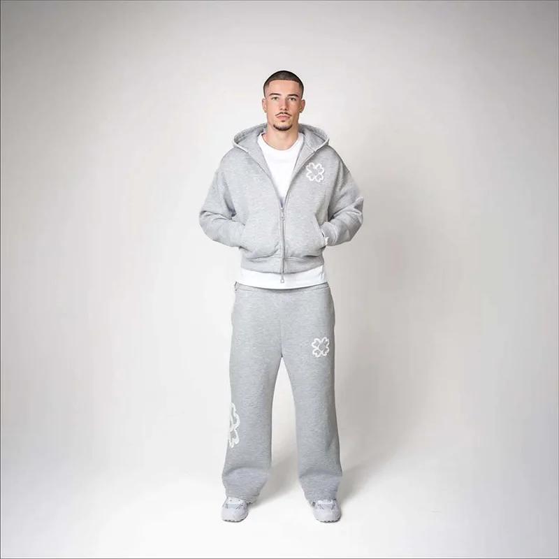 Ensemble survêtement homme printemps-automne, sweat à capuche zippé avec applique trèfle à quatre fe