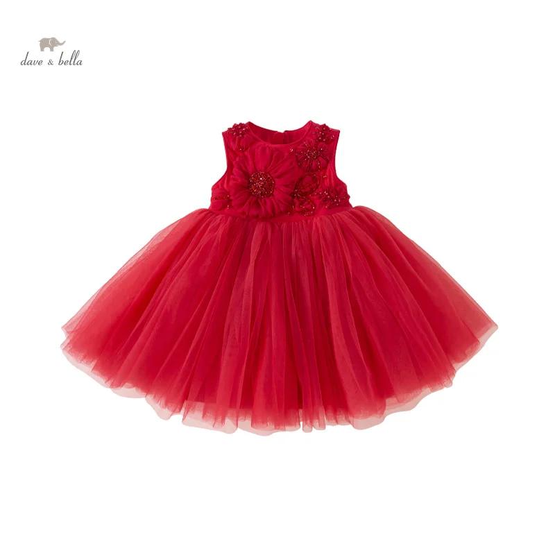Dave Bella robe de princesse fille 2025 nouvel été enfants bébé sans manches maille rouge Noble mign