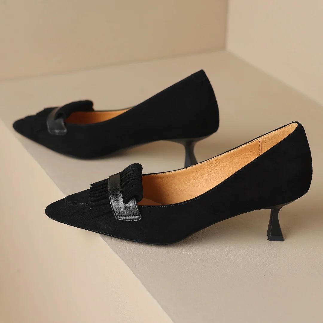 Escarpins en cuir suédé naturel pour femmes, talons hauts fins, bout pointu, franges élégantes, chau