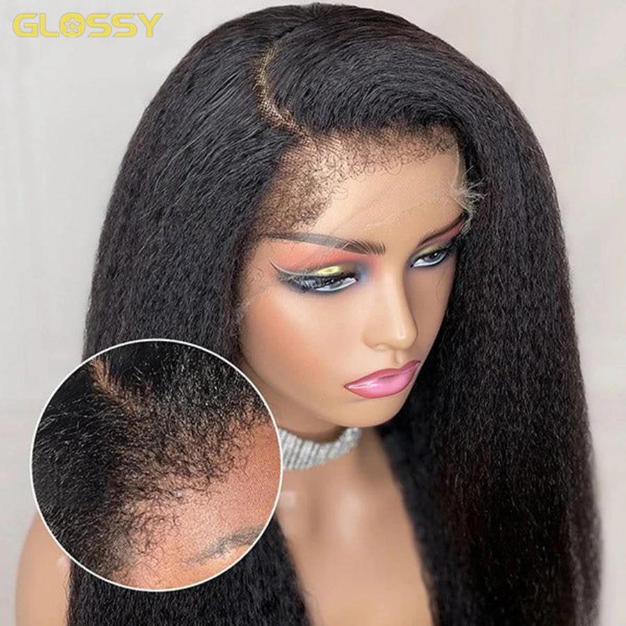 Perruque Brésilienne Naturelle Sans Colle, Cheveux Crépus Lisses, Afro, HD, 13x4, 250%, 30/34 Pouces