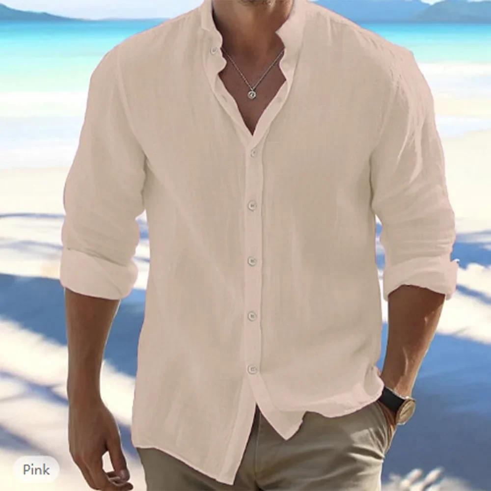 Hommes à manches longues coton lin été offre spéciale plage Style chemises couleur unie décontracté