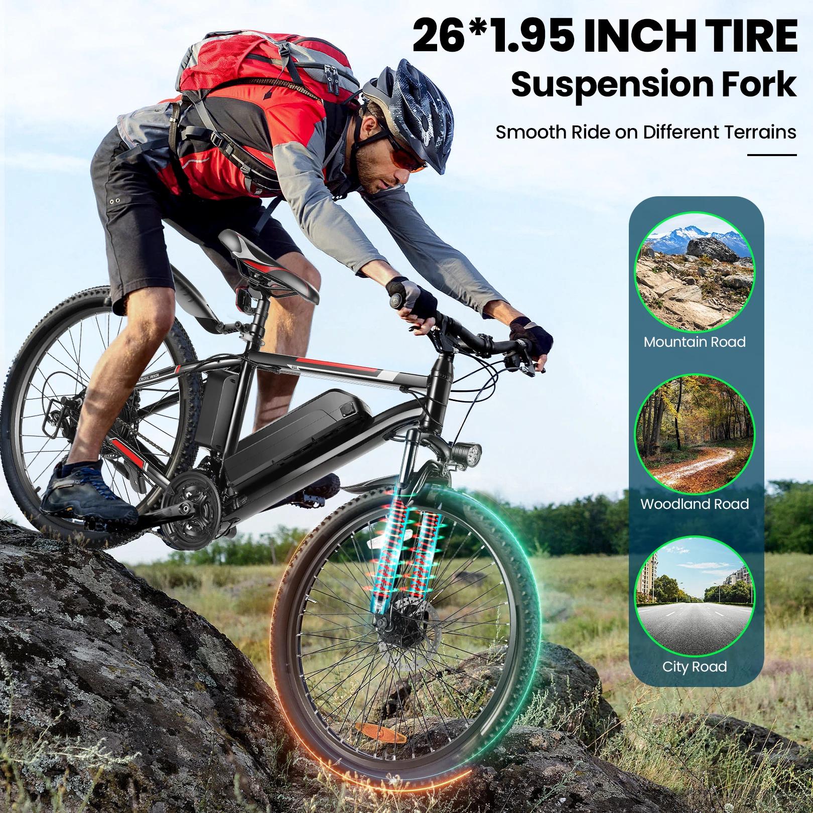 VTT Électrique de 26 Pouces avec 500W, Batterie Perfecto de 48V, 20MPH, Jusqu'à 50 Miles, Régulateur