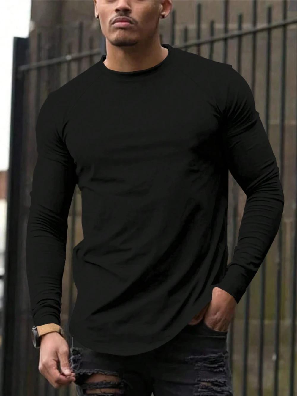 T-Shirt décontracté à manches longues et col rond pour hommes, toutes saisons, couleur unie, en pur