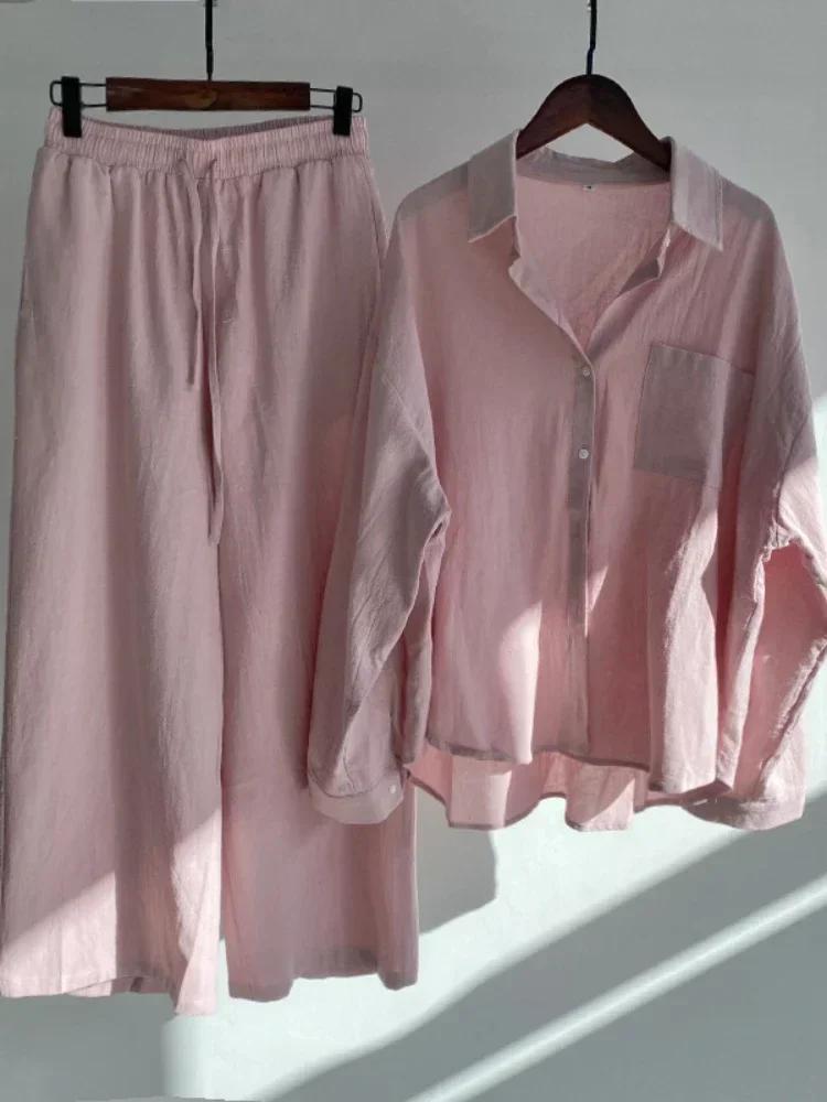 Costume chemise en coton et lin pour femmes, nouvelle tendance, taille haute, pantalon ample, ensemb