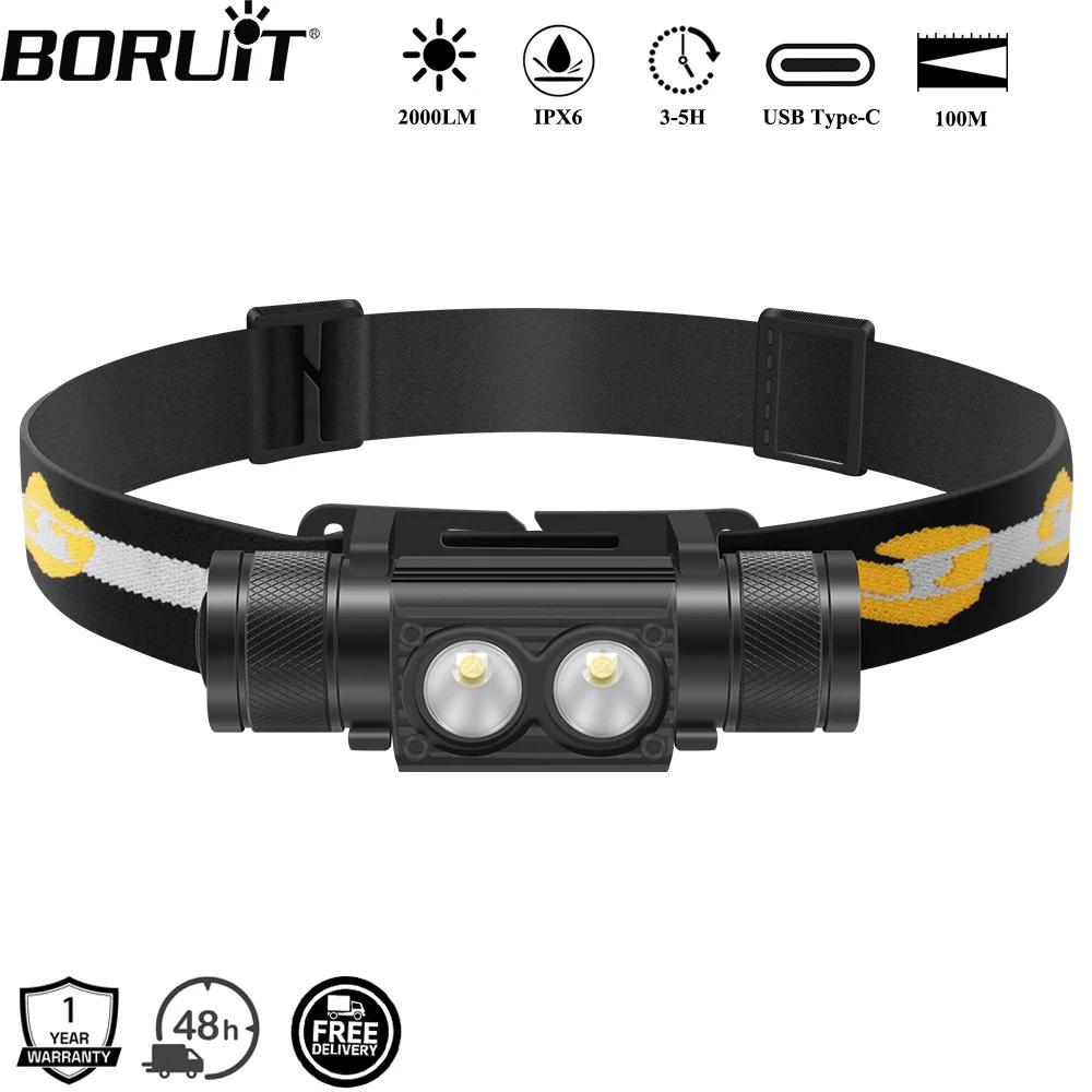 BORUiT D25 double lampe frontale LED 2000LM phare puissant type-c Rechargeable 18650 torche frontale
