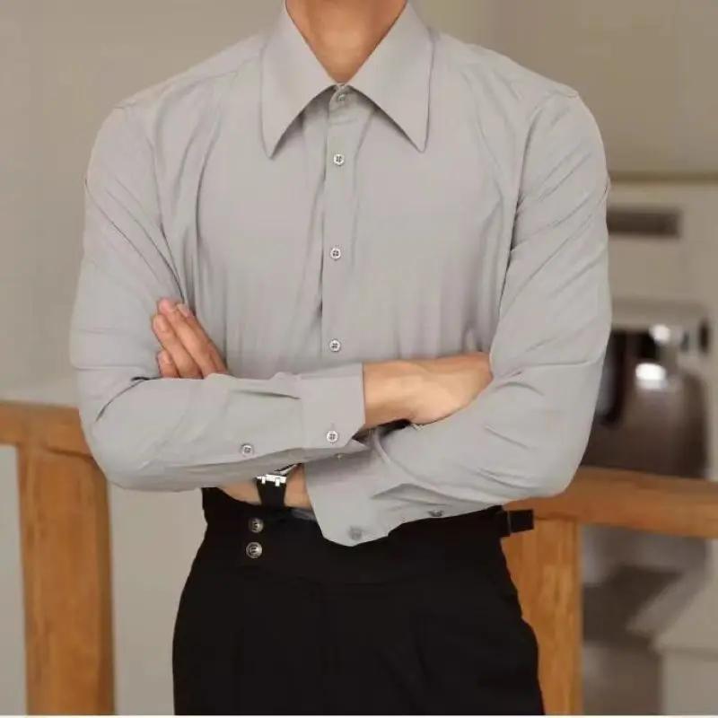 Chemise habillée formelle pour homme, style français, col long, en coton blanc infroissable, avec po