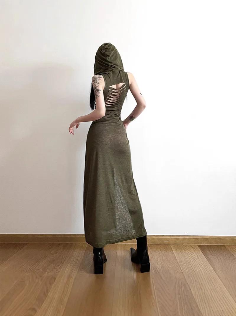 Robe y2k pour femmes, vêtements de couleur unie, sans manches, ajourée dans le dos, fente à capuche,
