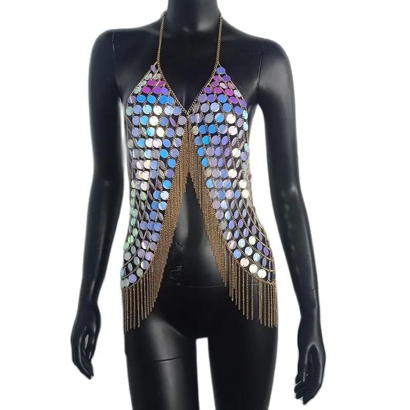 FestivalQueen-Haut court à pampilles à paillettes pour femmes, Camisoles de fête colorées, Vêtements
