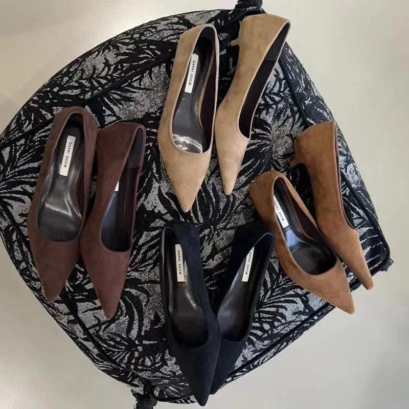 Chaussures de printemps 2026 pour femmes, escarpins fins à talons bas, élégants en daim, à bout poin
