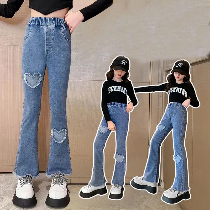 Jeans en dentelle perlée pour adolescentes, pantalons en denim pour filles, pantalons monochromes à