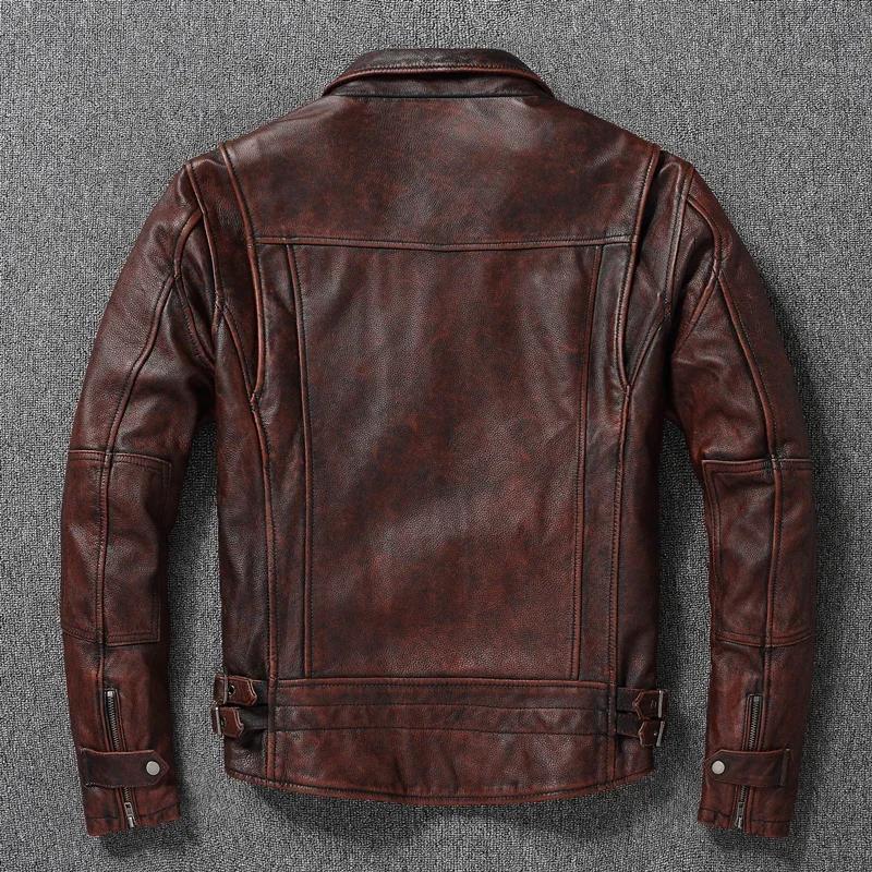 Veste en cuir de vache surdimensionnée, couche supérieure, rouge-marron, Style moto rétro américain,