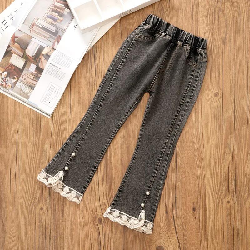 Jeans en dentelle perlée pour adolescentes, pantalons en denim pour filles, pantalons monochromes à