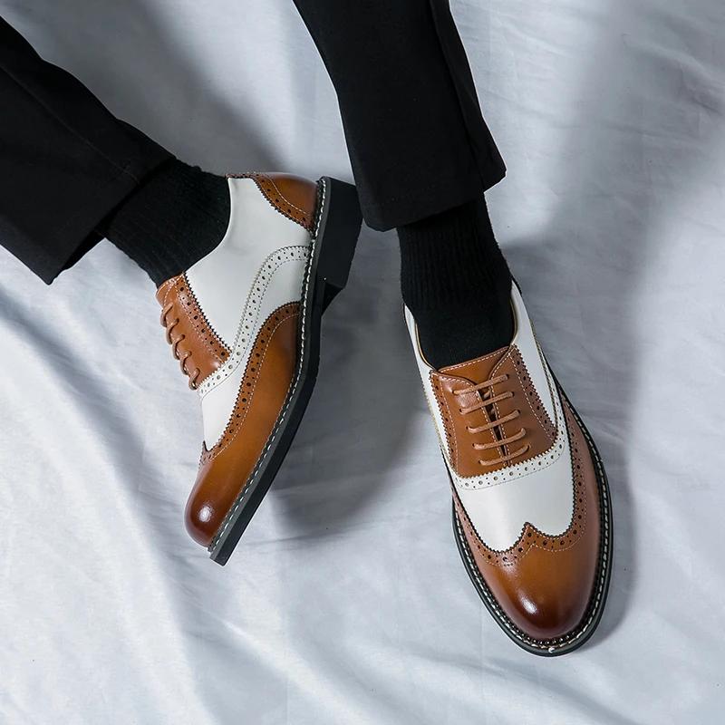 Chaussures en cuir britanniques pour hommes, couleur assortie, blanc, marron, affaires décontractées