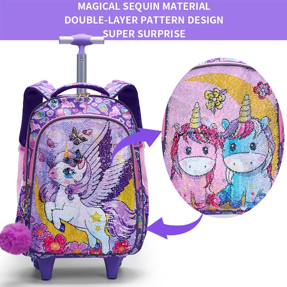 Ensemble de 3 sacs à dos roulants pour filles, sacs à roulettes avec motif de lune et de licorne de