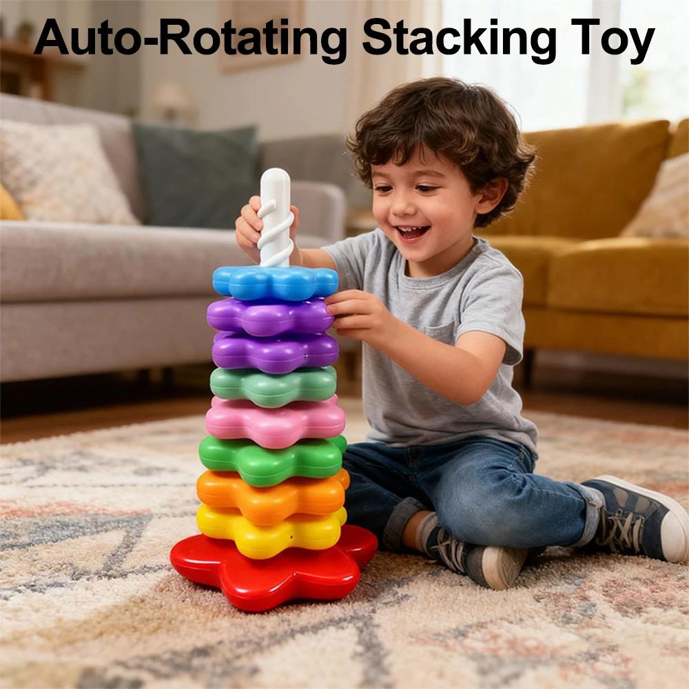 Tour arc-en-ciel rotative pour bébé, Puzzle à empiler Montessori, jouets éducatifs de sécurité pour