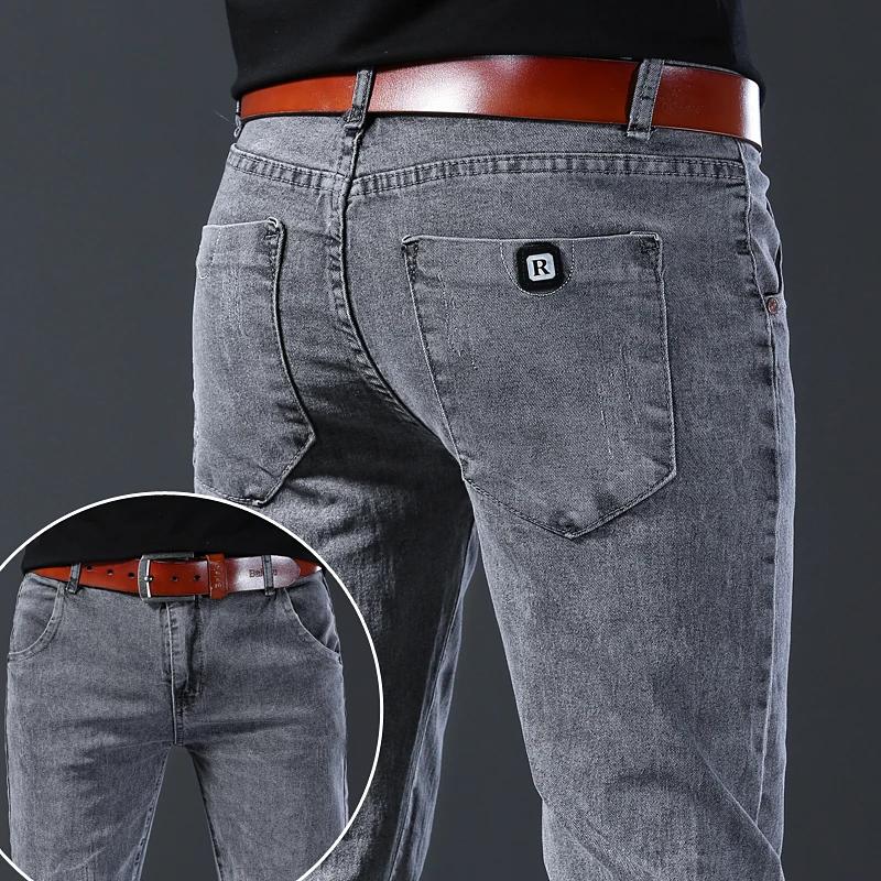 Jean nouveau style, coupe slim pour hommes, pantalon taille moyenne gris élastique à jambe droite co