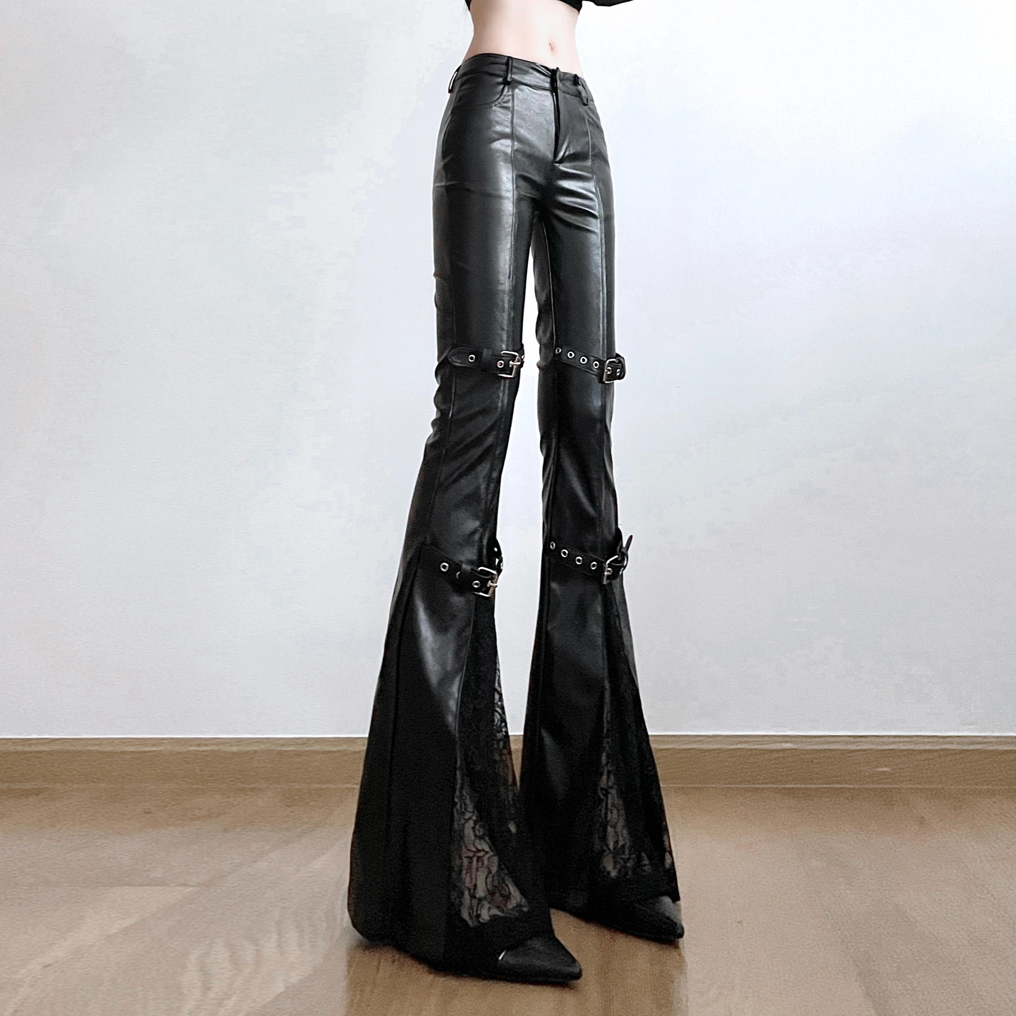 SUCHCUTE PU cuir Flare pantalon Goth boucle dentelle Patchwork pantalon femmes mode Y2K Streetwear V