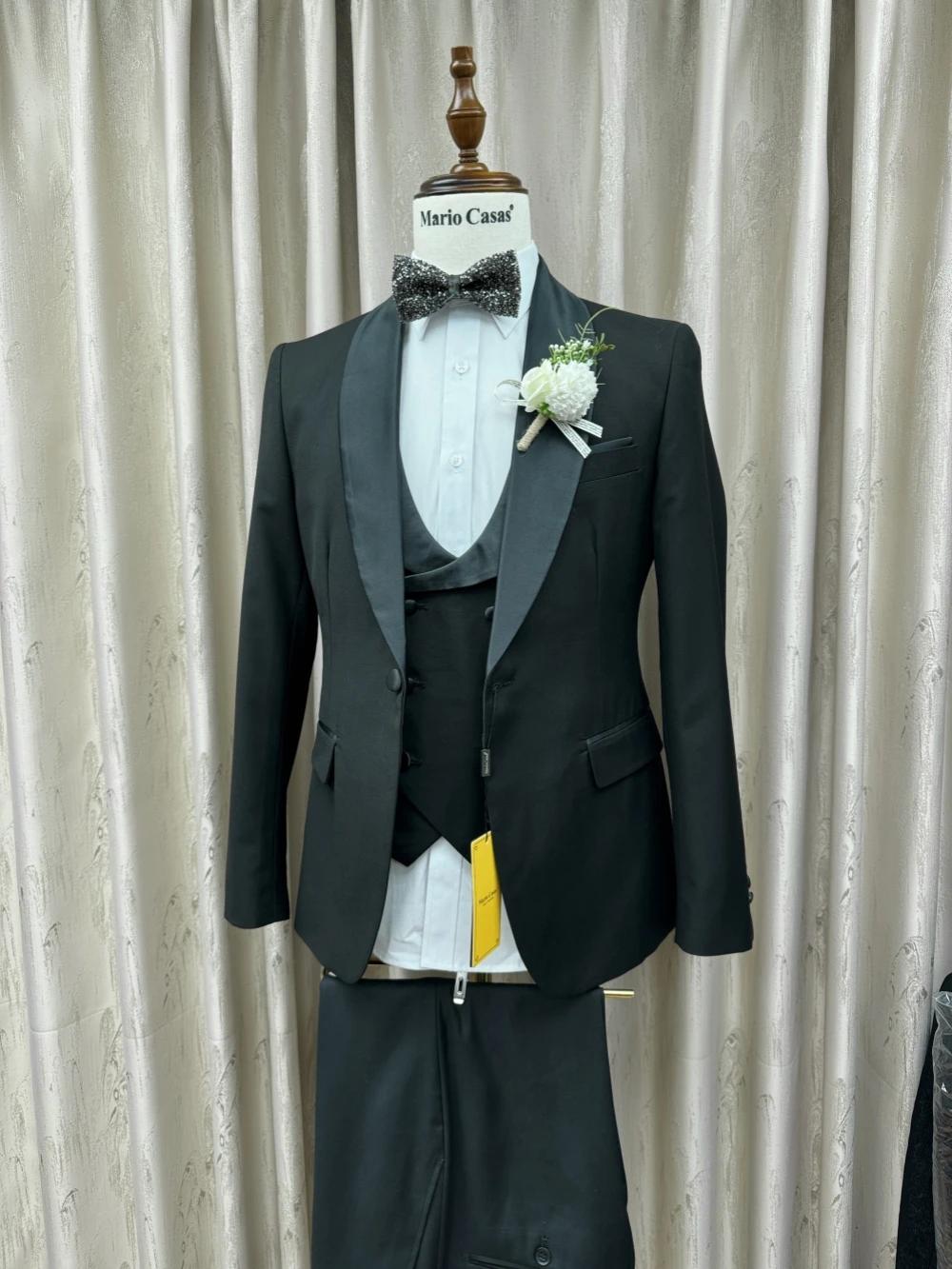 Costumes pour hommes à revers châle noir 3 pièces ensembles de marié de mariage automne ensemble de