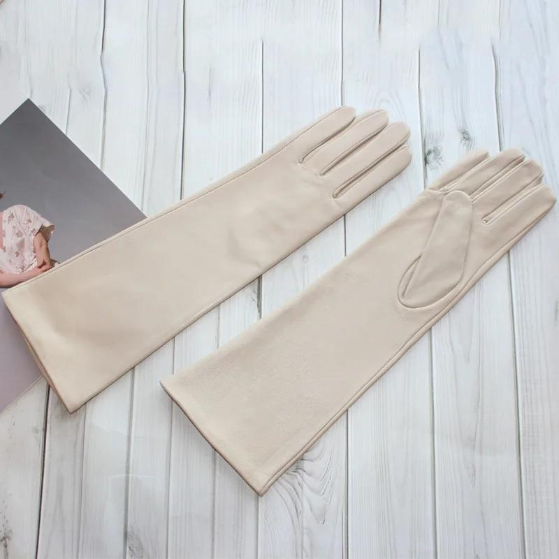 Nouveaux gants longs en peau de mouton pour femmes, gants en cuir de couleur unie pour écran tactile