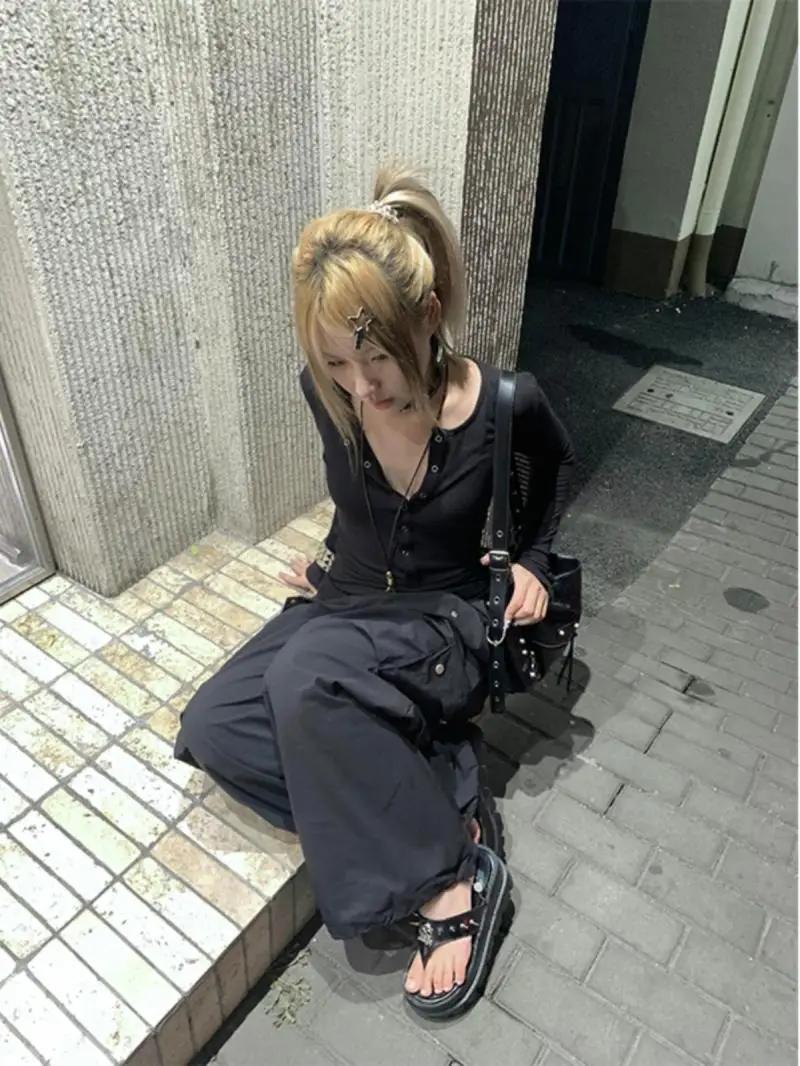 Tonngirls Y2k japonais t-shirt femmes dentelle à manches longues imprimé graphique hauts Streetwear
