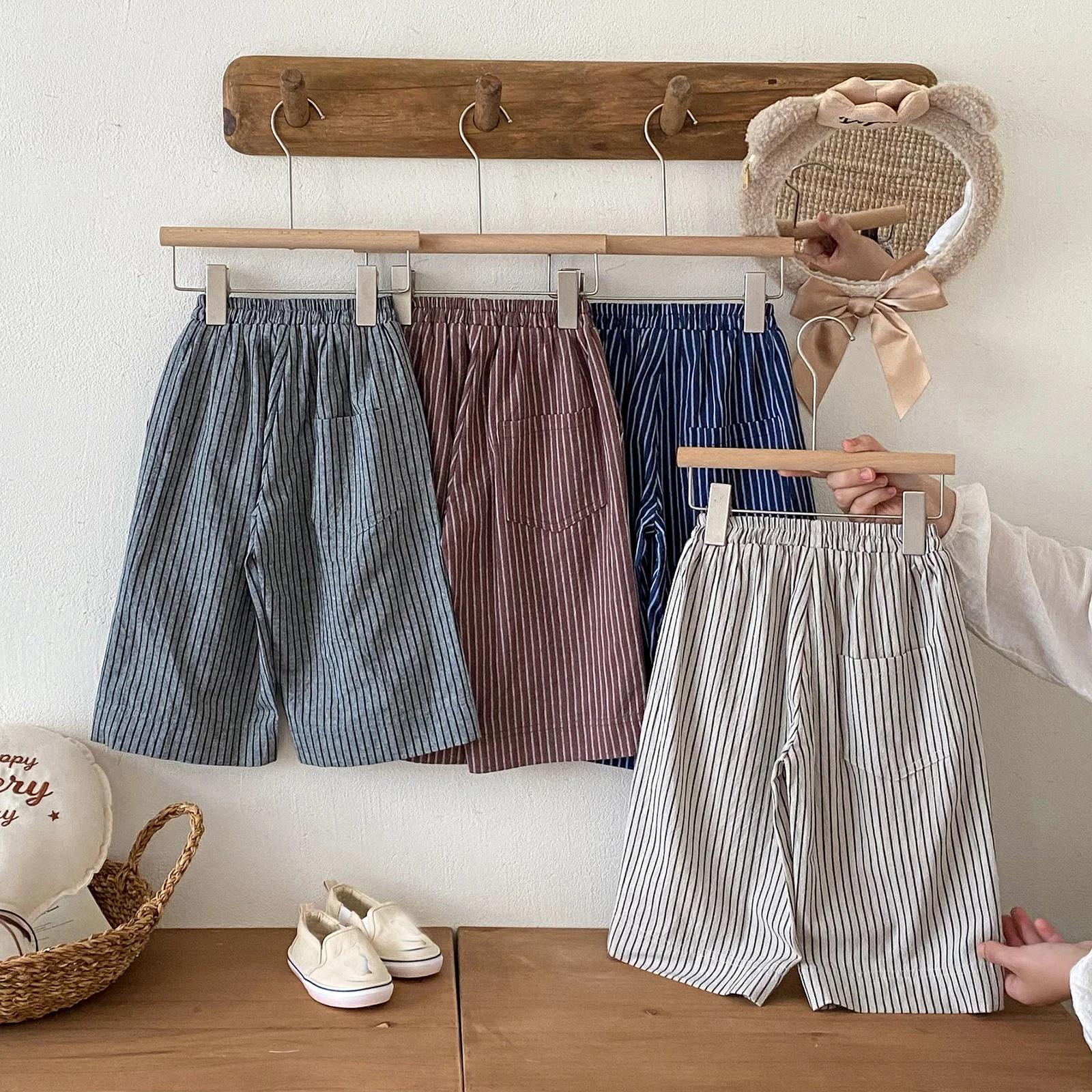 Pantalons en lin et coton à rayures pour garçons et filles, vêtements pour enfants, automne et print