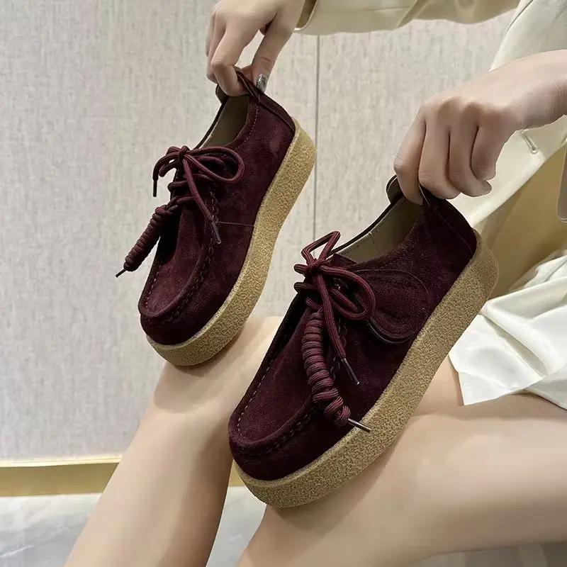 Mocassins pour femmes en daim et cuir véritable, plateforme, style britannique, à lacets, chaussures
