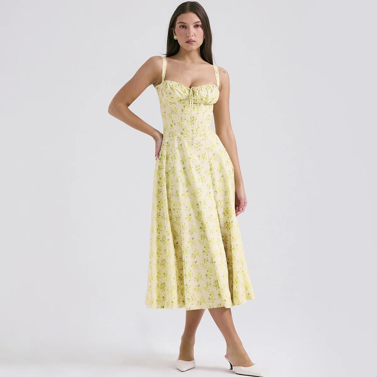 Suninheart-Robe mi-longue à bretelles spaghetti pour femme, robe à imprimé floral jaune, robe fendue