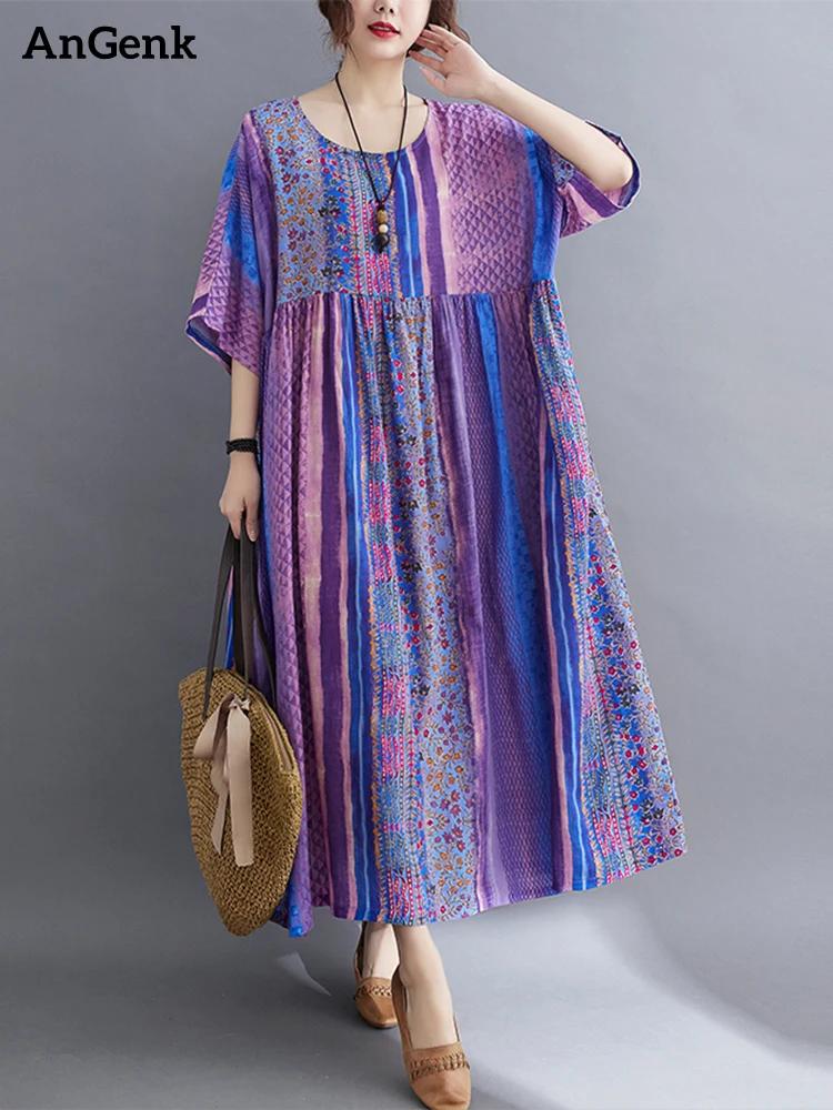 Manches courtes coton lin Vintage violet robes florales pour les femmes décontracté ample longue rob