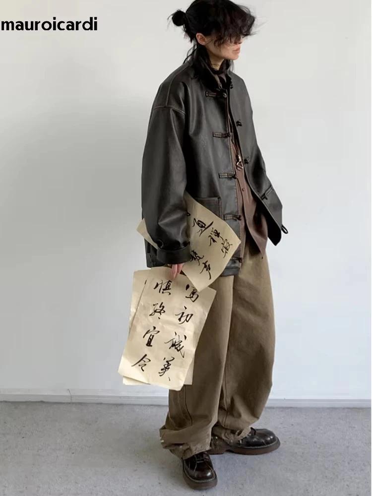 Mauroicardi-Veste en cuir PU vintage pour homme, design de luxe élégant, vêtements de style chinois,