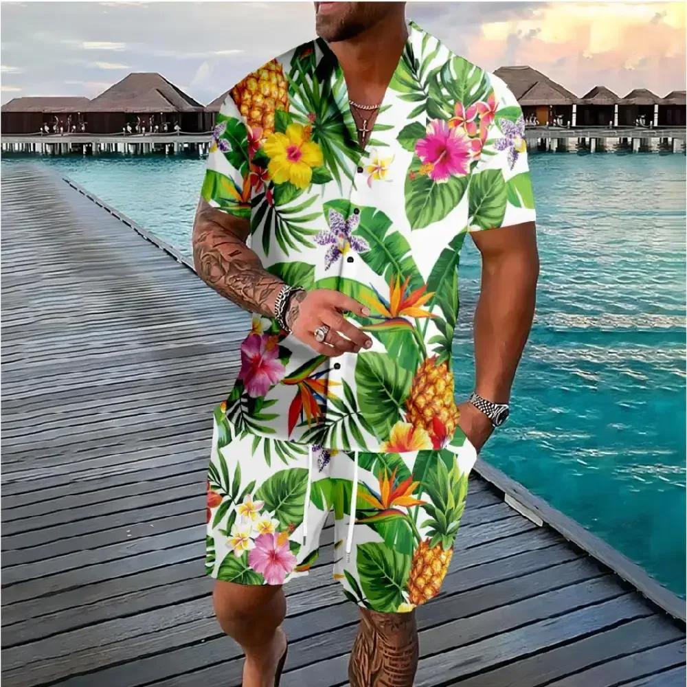 Chemise hawaïenne flamant cocotier impression 3d chemise à manches courtes + Short 2 pièces ensemble