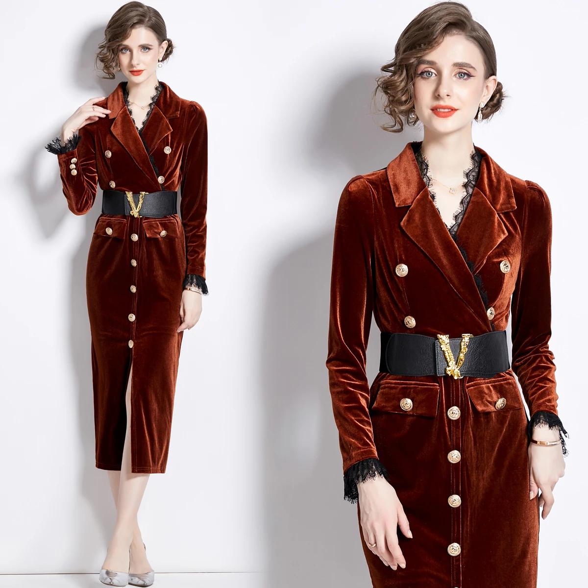 Robe en velours pour femmes, élégante, col en v, manches longues, mode, boutons moyens, gaine fendue