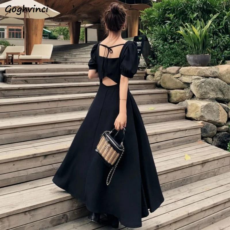 Robe Chic Vintage Noire pour Femme, Taille Haute, Col Carré, Manches Bouffantes, Nministériels d Tra
